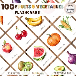 100 cartes-éclair sur les fruits et légumes | Cartes Montessori en 3 parties | PDF imprimable | Jeu éducatif pour enfants
