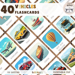 Tarjetas didácticas de 40 vehículos / Tarjetas Montessori de 3 partes / Transporte preescolar imprimible en PDF