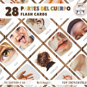 28 cartes-éclair imprimables en espagnol sur les parties du corps - Cartes Montessori en 3 parties - Apprendre l'espagnol - Cartes-éclair sur l'anatomie au format PDF (format US Letter et A4)