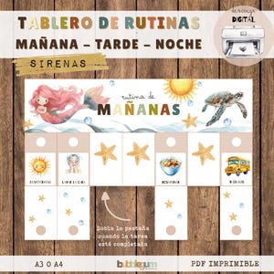 May include: A printable morning routine chart with a mermaid, sun, and sea turtle illustration. The chart includes images for waking up, washing face, eating breakfast, and riding the bus. The text reads "Morning Routine" and "Mermaids".