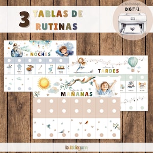 May include: Three printable charts for children's daily routines. The charts are illustrated with watercolor images of a night sky, a sunny day, and a hot air balloon. The charts are titled "Rutina de Noches", "Rutina de Mananas", and "Rutina de Tardes".