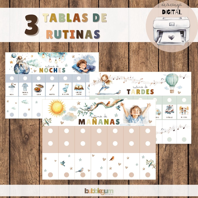 May include: Three printable charts for children's daily routines. The charts are illustrated with watercolor images of a night sky, a sunny day, and a hot air balloon. The charts are titled "Rutina de Noches", "Rutina de Mananas", and "Rutina de Tardes".