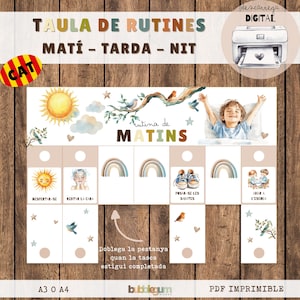 Puede incluir: Un cuadro de rutina imprimible para niños con una ilustración de acuarela de un sol, arcoíris y un niño preparándose para el día. El cuadro incluye el texto "TAULA DE RUTINES MATÍ - TARDA - NIT" y "rutina de MATINS". El cuadro está dividido en cinco secciones con imágenes y texto para cada actividad: "DESPERTAR-SE", "RENTAR LA CARA", "POSAR-SE LES SABATES", y "ANAR A L'ESCOLA".