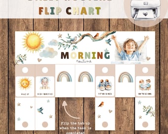 Op de afbeelding: Een printbare dagelijkse routine flipchart voor kinderen met een aquarel illustratie van een kind dat wakker wordt, zijn gezicht wast, schoenen aantrekt en naar school gaat. De kaart bevat een ochtendroutine sectie met een zon, vogels en regenbogen. De tekst "Klap de tab omhoog wanneer de taak is voltooid" is op de kaart opgenomen.