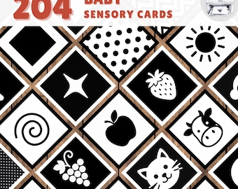 May include: A collection of 204 baby sensory cards with black and white illustrations. The cards feature various shapes and objects, including a star, apple, and cat. The text "BABY SENSORY CARDS" is displayed in red, and the cards are designed for US Letter or A4 printing.