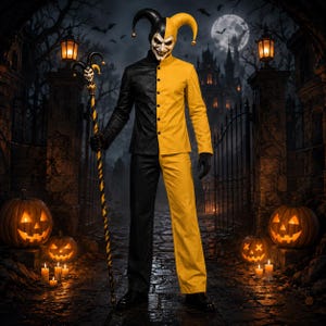 May include: A jester costume featuring a two-toned black and yellow jacket and matching trousers. The outfit includes a dual-colored jester hat with bells and a staff topped with a jester head ornament. The ensemble is completed with black gloves.