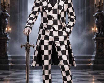 Checkered Suit Costume Men | Gothic Harlequin Coat Vest Pants Set | Halloween Cosplay Outfit