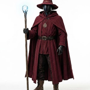 Handgjord rödbrun trollkarldräkt | Medeltida magiker-cosplay-outfit (mantel, kappa, hatt)