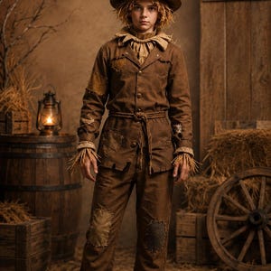 May include: A brown scarecrow costume featuring a button-up jacket and trousers with stitched patches, a rope belt, straw accents at the wrists and ankles, a ruffled collar, and a tall, pointed brown hat with a wide brim and straw hair.