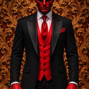 Puede incluir: Una figura de piel roja con grandes cuernos curvados que viste una chaqueta de esmoquin negra, una camisa blanca, un chaleco de satén rojo, una corbata roja a juego y un pañuelo de bolsillo rojo. La figura tiene manos rojas.
