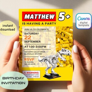May include: A rectangular birthday invitation template featuring a yellow background with a yellow plastic building block pattern. The text reads MATTHEW 5+ IS HAVING A PARTY, date, time, address, RSVP details, and a white dinosaur model graphic.