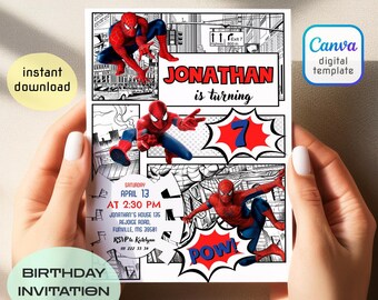 Spiderman birthday invitation, comics superhero invite, printable editable spidey party invite template, spider-man digital template