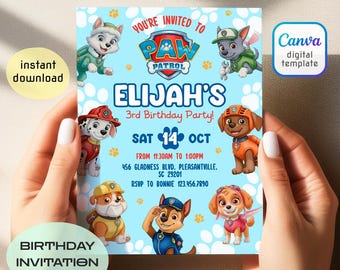 Druckbare bearbeitbare Einladung, Welpen Geburtstag einladen junge Mädchen, Welpen Party, sofortiger Download, Paw Kids Geburtstagseinladung Vorlage