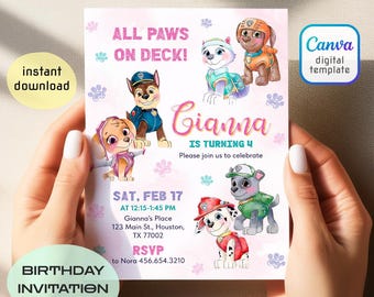 Invitación editable imprimible de Paw-ty, invitación de cumpleaños de cachorros para niño y niña, fiesta de cachorros, descarga instantánea, plantilla de invitación de cumpleaños de Paw Kids