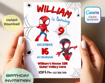 Printable Boy Birthday Invitation, superhero birthday invite, spidey friends invitation, spiderman birthday party invite, super hero