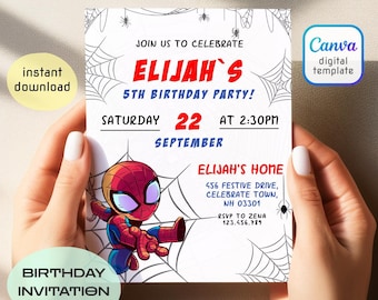 Printable Boy Birthday Invitation, superhero birthday invite, spidey friends invitation, spiderman birthday party invite, super hero