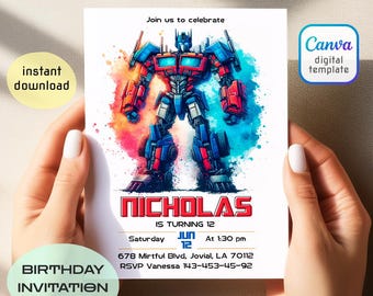 May include: Birthday invitation featuring a watercolor illustration of a robot in red, blue, and orange hues. The invitation includes the name "Nicholas", date, time, and RSVP information. The words "Birthday Invitation" are also visible.