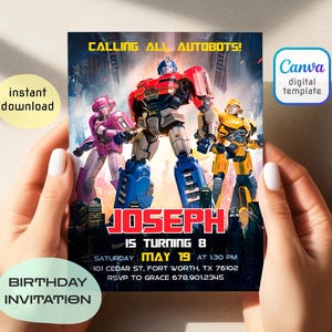 May include: Birthday invitation featuring Transformers characters. The invitation reads "Calling All Autobots!" and includes the name "Joseph" and the details "Is Turning 8" and the date "May 19". The design includes a Canva digital template and an instant download option.