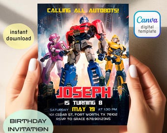 May include: Birthday invitation featuring Transformers characters. The invitation reads "Calling All Autobots!" and includes the name "Joseph" and the details "Is Turning 8" and the date "May 19". The design includes a Canva digital template and an instant download option.
