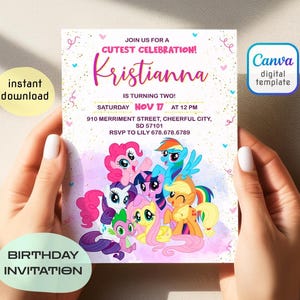 May include: A birthday invitation template featuring the text JOIN US FOR A CUTEST CELEBRATION! Kristianna IS TURNING TWO! SATURDAY NOV 17 AT 12 PM 910 MERRIMENT STREET, CHEERFUL CITY, SD 57101 RSVP TO LILY 678.678.6789 with colorful cartoon ponies.