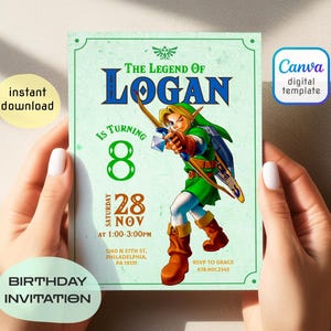May include: A birthday invitation featuring a cartoon character with a bow and arrow. The invitation has a light green background with the text "The Legend of Logan" and details for the party, including the date, time, and location. The invitation is an instant download.