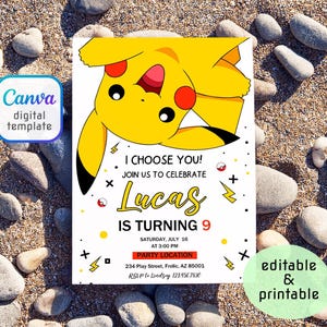 May include: A digital birthday party invitation featuring a yellow Pikachu character. The invitation includes the text "I Choose You!" and "Lucas is Turning 9." Additional details include the party date, time, and location.