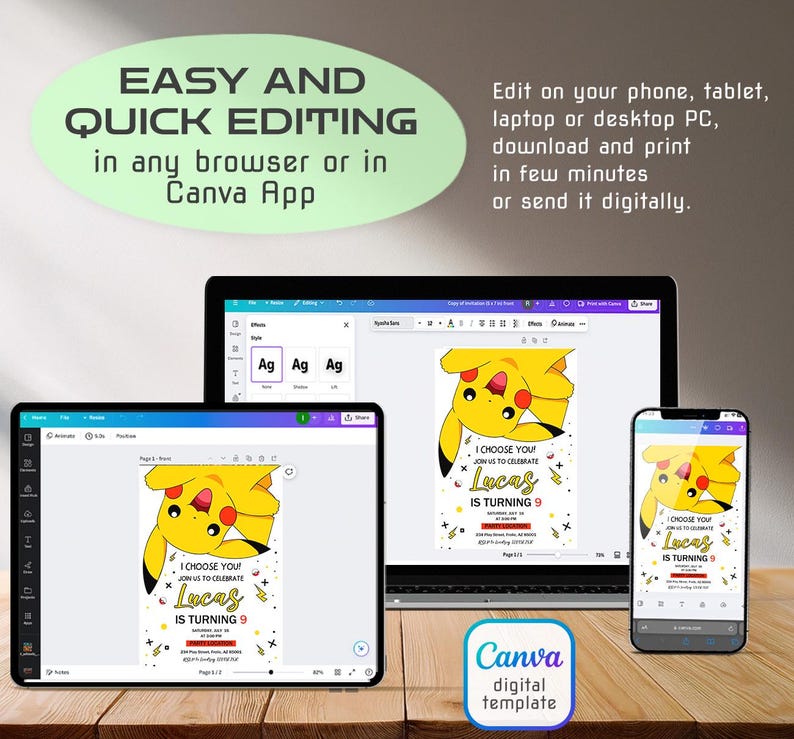 May include: Digital template displayed on a tablet, laptop, and phone. The invitation features a yellow cartoon character and the text "I choose you! Lucas is turning 9." The image also includes the text "Easy and quick editing in any browser or in Canva App."