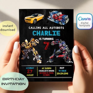 May include: A birthday invitation card featuring a black background with a yellow sports car, a blue and red semi-truck, and two robot characters. The text reads: Calling all Autobots, Charlie is turning 7, Saturday 27 August, at 3:00 PM, Charlie's house, 234 Roses St, Texas, TX 95873, RSVP to Chloe 234.234.2345.