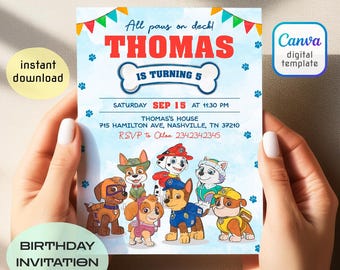 Printable Paw-ty editable invitation, Puppies Birthday invite boy girl, Puppy Party, instant download, Paw Kids Birthday invite template