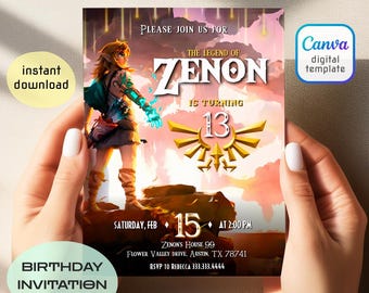 video gamer invite, Legend of Zelda birthday invitation, digital download, Zelda Tears of the Kingdom, birthday party, game on invitation