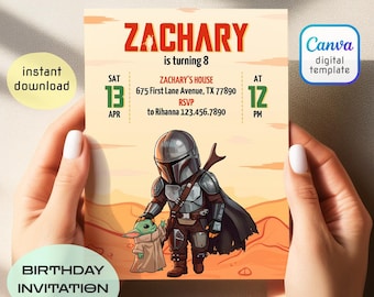 Printable boy girl birthday invitation, Mandalorian Birthday invite, editable invitation, instant download, Star Wars Birthday Party