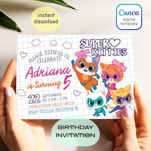 SuperKitties invitation, Printable Editable Super Kitty Invite, SuperKitty Birthday Party invite template, Kitten Invitation Cute Invite