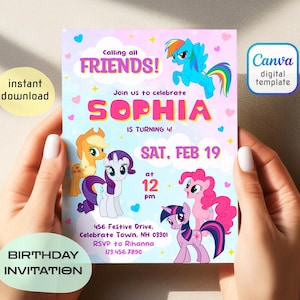 My Little Pony Birthday Invitation, Rainbow Dash, Pinkie Pie, Digital Editable Pony Party Invite, Printable Girls MLP Birthday Card