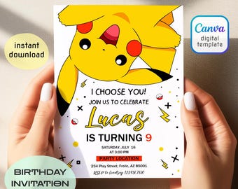 May include: A birthday invitation featuring a yellow Pikachu character. The invitation includes the text "I Choose You!" and "Lucas is turning 9". Additional text includes party details and RSVP information. The design is a digital template.