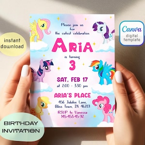 My Little Pony Birthday Invitation, Rainbow Dash, Pinkie Pie, Digital Editable Pony Party Invite, Printable Girls MLP Birthday Card