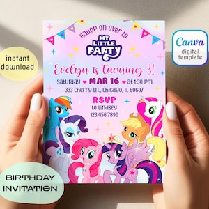 My Little Pony Birthday Invitation, Rainbow Dash, Pinkie Pie, Digital Editable Pony Party Invite, Printable Girls MLP Birthday Card