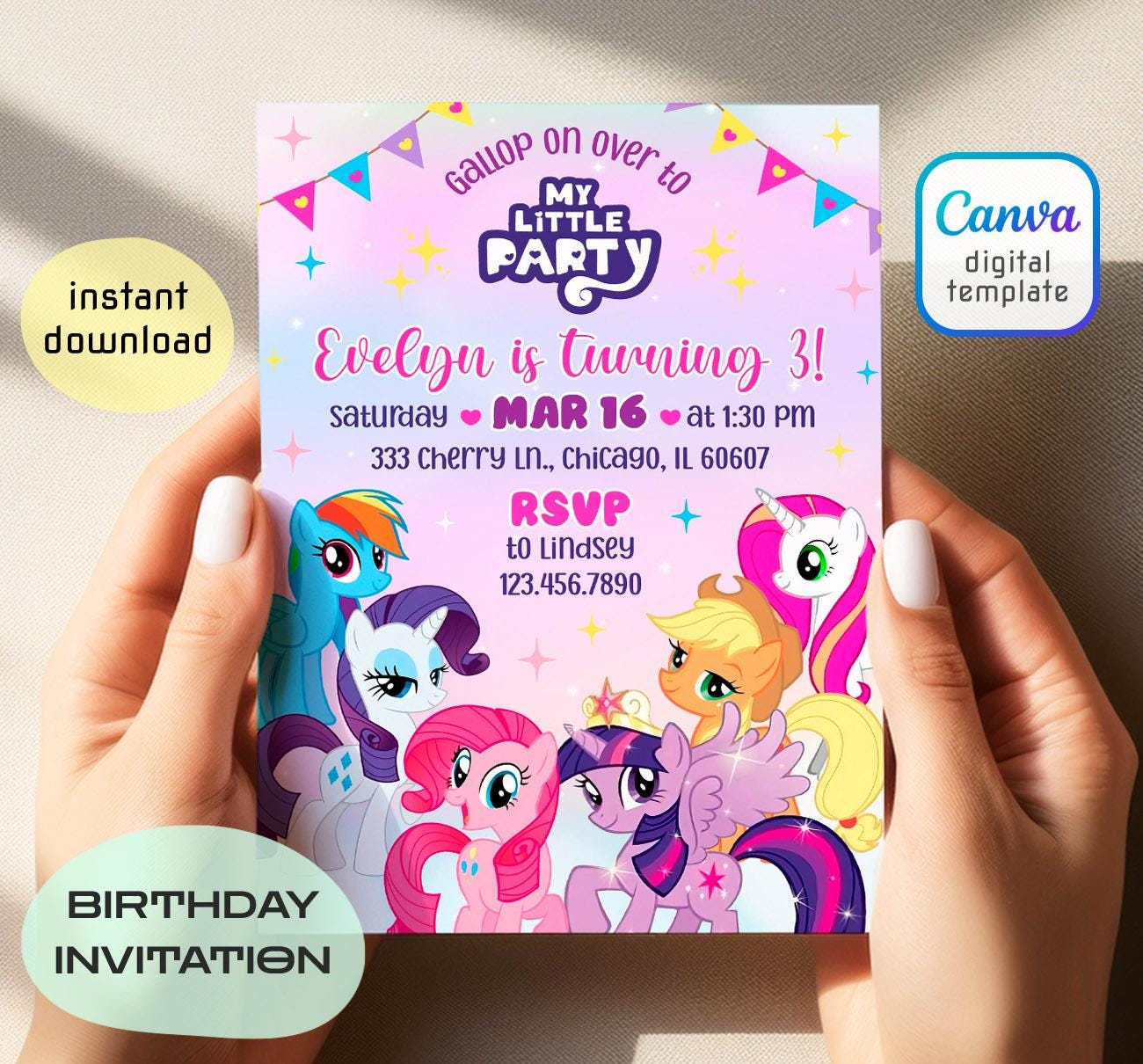 My Little Pony Birthday Invitation, Rainbow Dash, Pinkie Pie, Digital Editable Pony Party Invite, Printable Girls MLP Birthday Card