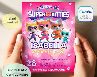 SuperKitties invitation, Printable Editable Super Kitty Invite, SuperKitty Birthday Party invite template, Kitten Invitation Cute Invite