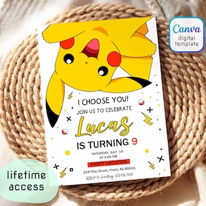 May include: A white invitation card featuring a yellow Pikachu illustration. The card reads "I Choose You!" and invites guests to celebrate Lucas's 9th birthday. Includes party details and a "lifetime access" graphic.