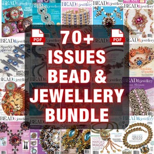 Peut inclure: Un ensemble de plus de 70 numéros de magazines "Bead & Jewellery". Les couvertures présentent divers modèles de bijoux, notamment des bracelets, des colliers et des boucles d'oreilles. Le texte "70+ Issues Bead & Jewellery Bundle" est bien en évidence.