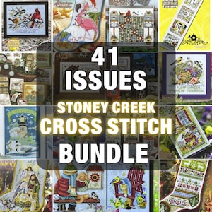 May include: A collection of cross-stitch patterns from Stoney Creek, featuring various designs. The image displays 41 issues, with text that reads "41 ISSUES STONEY CREEK CROSS STITCH BUNDLE". The patterns include birds, holiday themes, and floral arrangements.