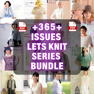 Könnte beinhalten: Eine Sammlung von Strick- und Häkelanleitungsbüchern. Das Bild zeigt verschiedene Cover mit Frauen, die Strick- und Häkelkleidung tragen. Der Text enthält "+365+ ISSUES LETS KNIT SERIES BUNDLE" und japanischen Text.