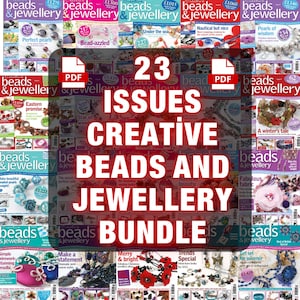 Puede incluir: Un paquete de 23 números de la revista "Creative Beads and Jewellery". Las portadas presentan diversos diseños de joyería, con texto blanco superpuesto. El paquete incluye archivos PDF.