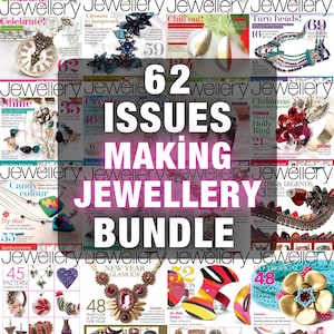 Könnte beinhalten: Ein Bundle von 62 Ausgaben der Zeitschrift "Jewellery Making". Die Cover zeigen verschiedene Schmuckprojekte, darunter Halsketten und Ohrringe. Die Zeitschriften präsentieren eine Vielzahl von Stilen und Techniken, mit dem Text "Jewellery Making Jewellery Bundle".