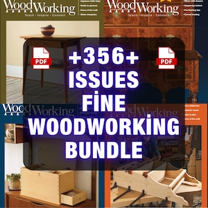 Può includere: Un collage di immagini con progetti di falegnameria e il testo "+356+ ISSUES FINE WOODWORKING BUNDLE". Le immagini includono un tavolo, un armadio e altri progetti di falegnameria. L'icona PDF è visibile.
