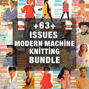 Może przedstawiać: Kolekcja okładek magazynu "Modern Machine Knitting" w stylu vintage. Okładki przedstawiają kobiety w dzianinach, z tekstami takimi jak "Designer Cushions", "Fashion Techniques" i "Beginner's Special". Zestaw zawiera ponad 63 numery.