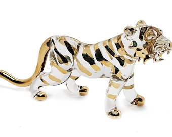 Figura de tigre de Bengala dorado transparente de 15 cm de largo, miniatura de vidrio soplado, gato salvaje, pequeño animal de cristal, figura decorativa coleccionable.