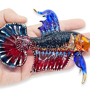5&quot; L Multicolor Betta Siamese Fighting Fish Figurine Miniature Blown Glass Aquatic Animal Colorful Freshwater Ornament Crystal Decor Figures