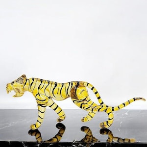 8&quot; Long Yellow Bengal Tiger Figurines Miniature Blown Glass Wild Cats Small Crystal Wildlife Animals Decor Collectible Tigers Figurine Decor