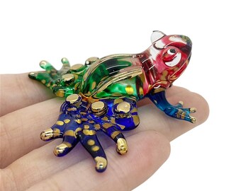 Figura de rana multicolor de 2" de largo, sapo en miniatura, de vidrio soplado a mano, anfibios de cristal coloridos, decoración para casa de muñecas, regalo